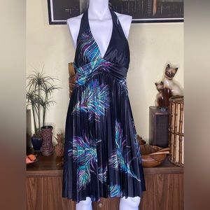 Ladies black and colorful feather pleated halter mini dress boho disco